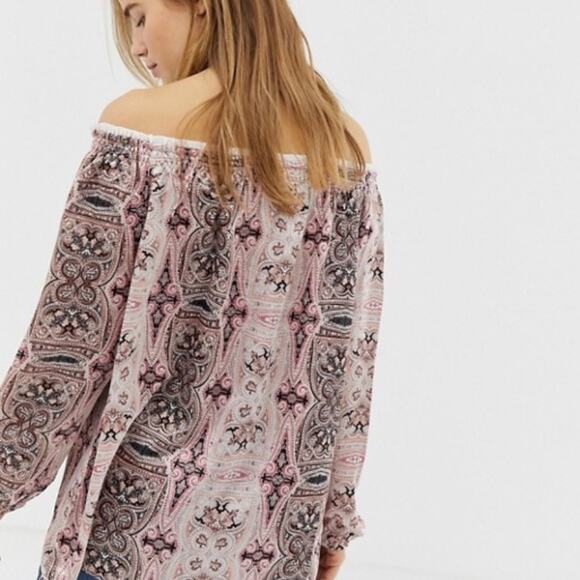 ASOS Border Print Satin Off Shoulder Top Pink Size Small - Picture 7 of 10